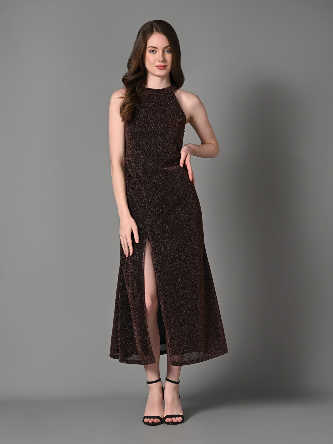 Embellished Brown Flared Dress