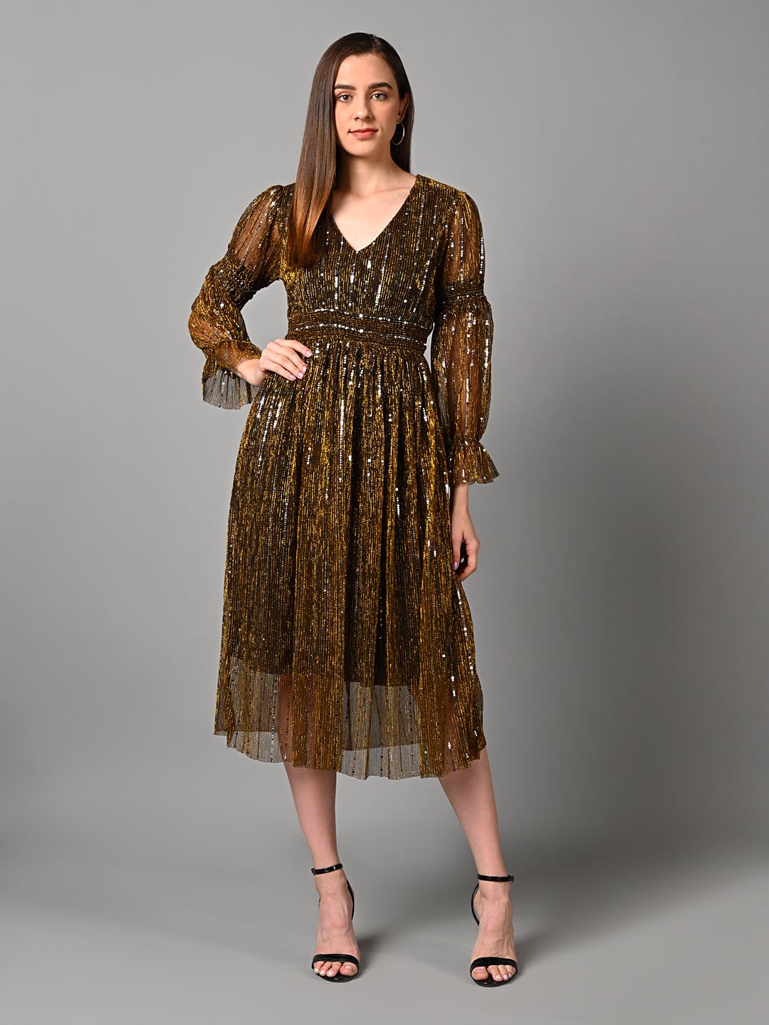 Embellished Pleated Flared Midi Dress