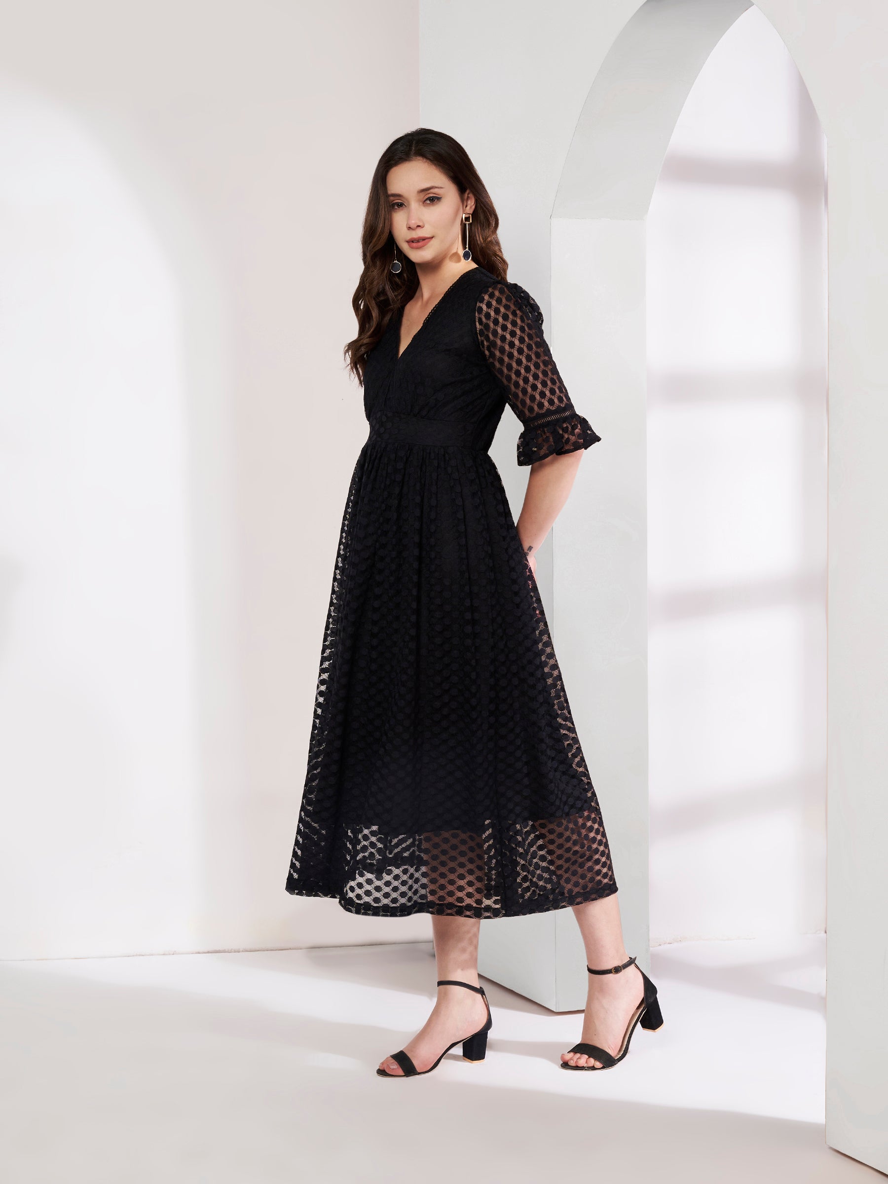 Stylish Black Textured Flared Dress