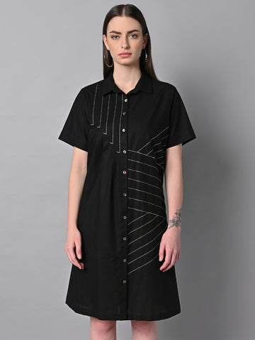 Kimi Embroidery Panel Hemp Dress Black