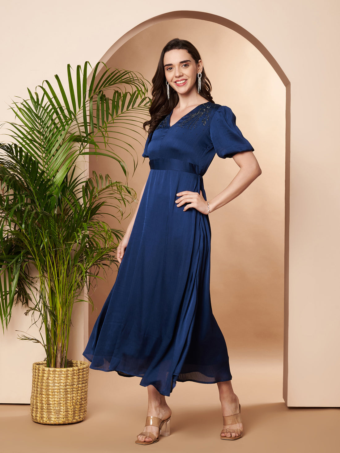 Embellished Blue Pleated Dress