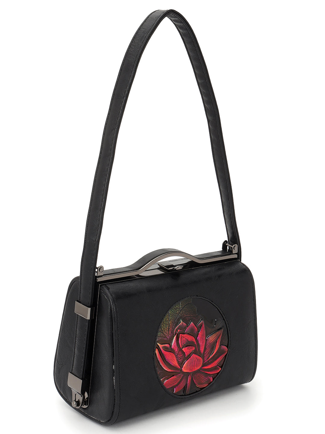Floral Printed Leather Black Handbag