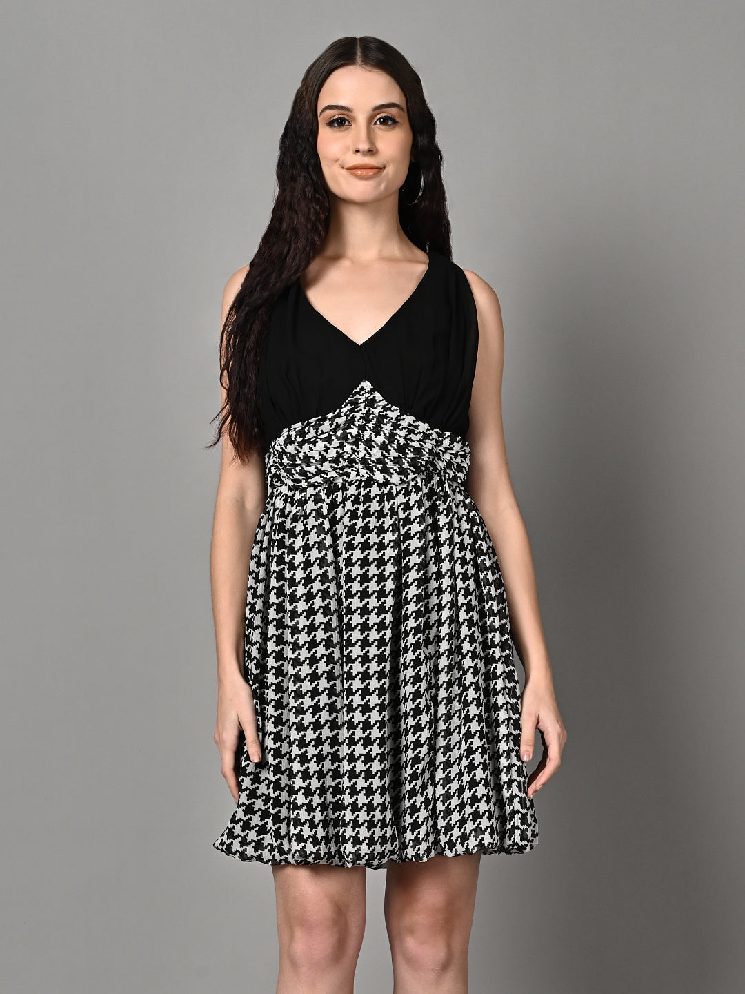 Classy Black & White Printed Pleated Flared Dress