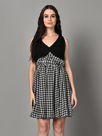 Classy Black & White Printed Pleated Flared Dress