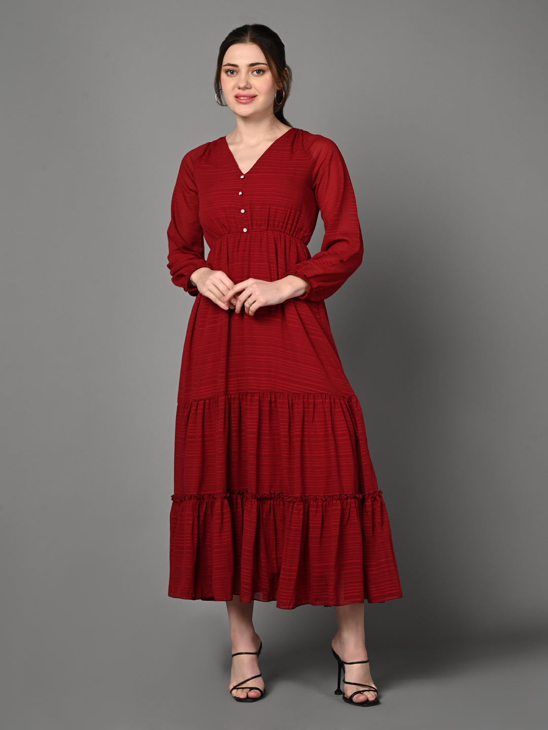 Stylish Red Ruffled Midi Dress
