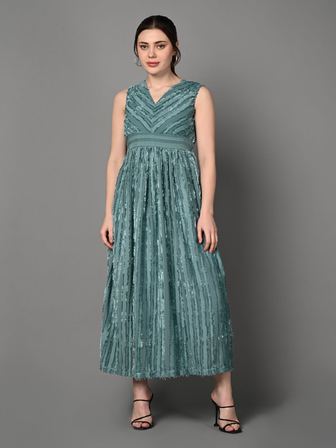 Embellished Blue Flared Midi Dress