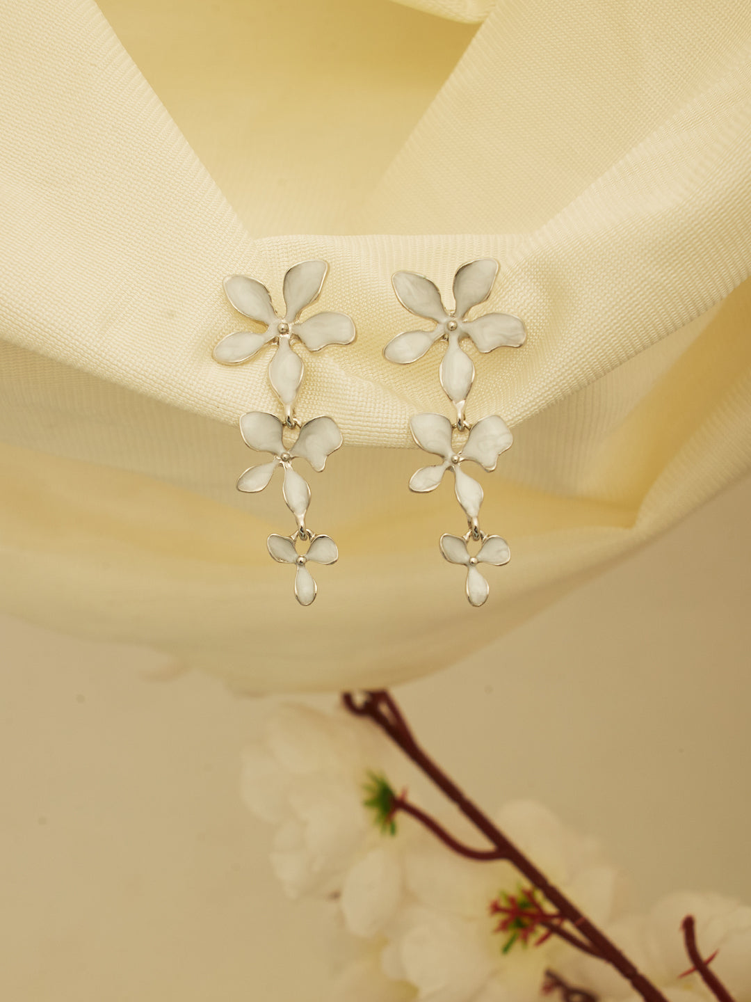 Women White Floral Drop Earrings