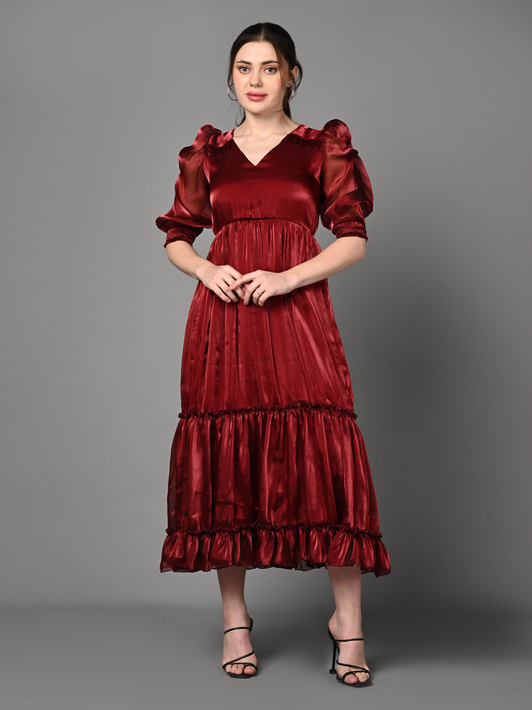 Classy Red Ruffled Midi Dress