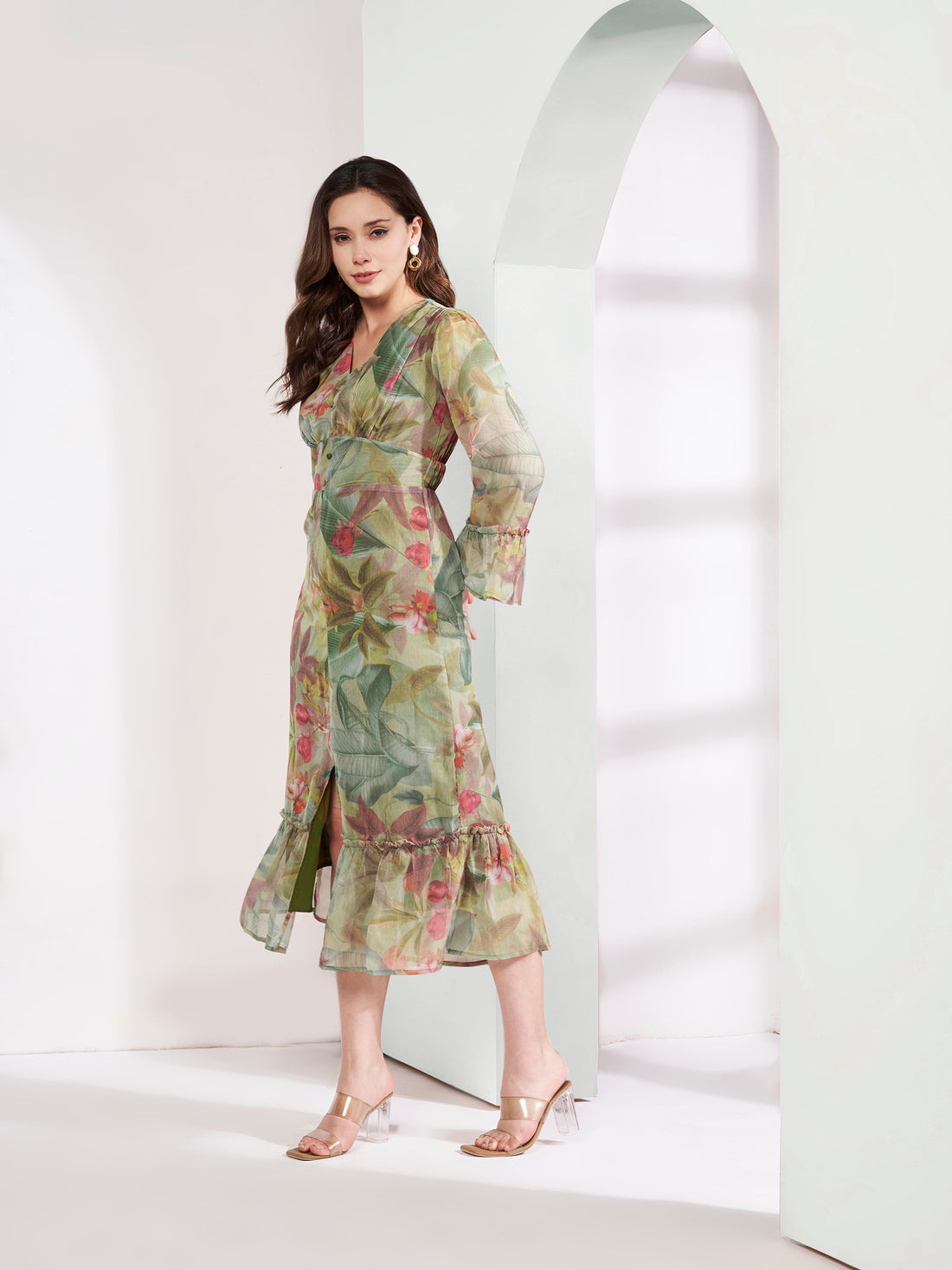 Stylish Green Ruched Flared Dress