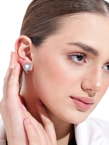 Round Pearl Platinum Plated Stud Earrings