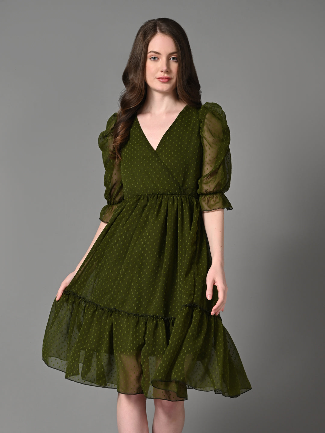 Classy Green Ruffled Pleated Dress