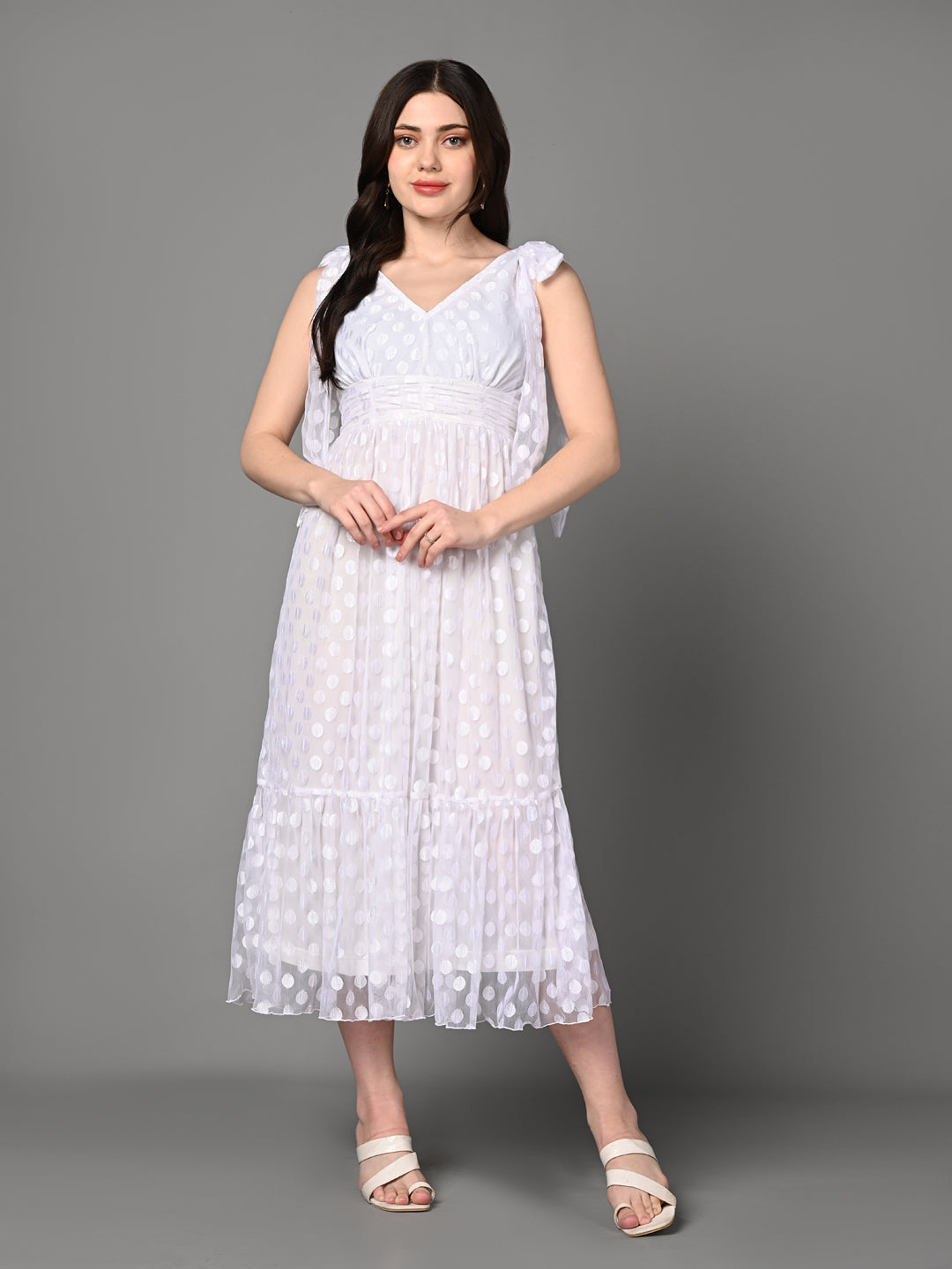 Classy White Ruched Flared Midi Dress