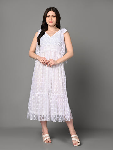 Classy White Ruched Flared Midi Dress