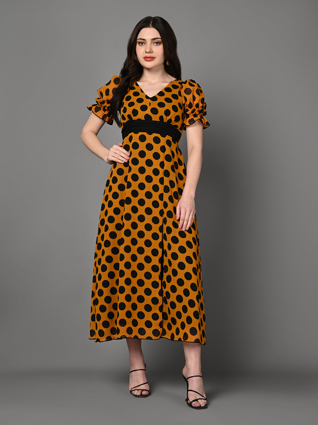 Stylish Yellow & Black Patterned Flared Dress