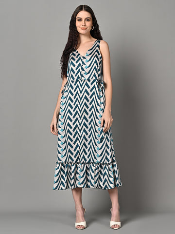 Fancy Blue & White Printed Ruffled Midi Dress