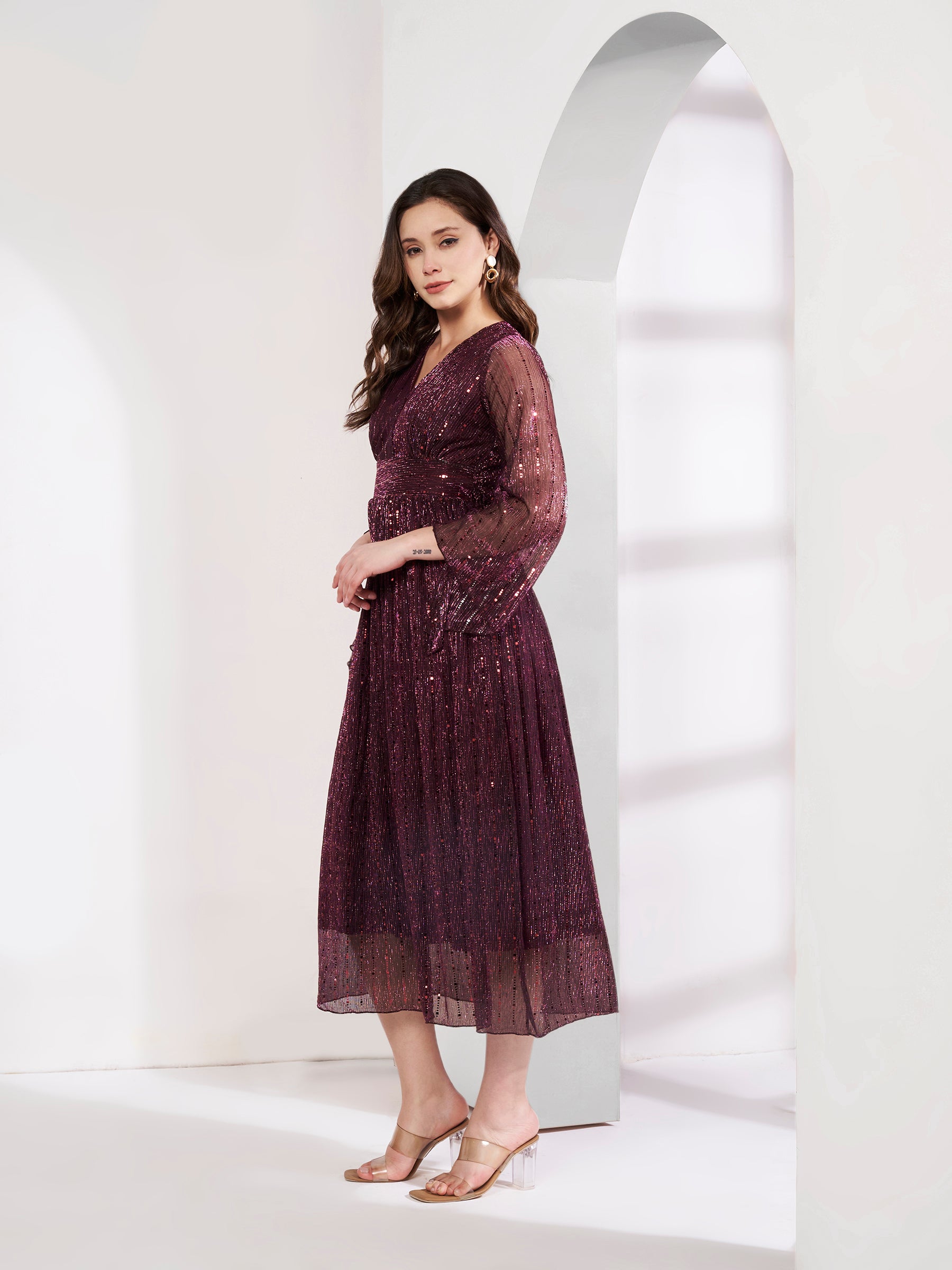 Embellished Pleated Purple Flared Dress