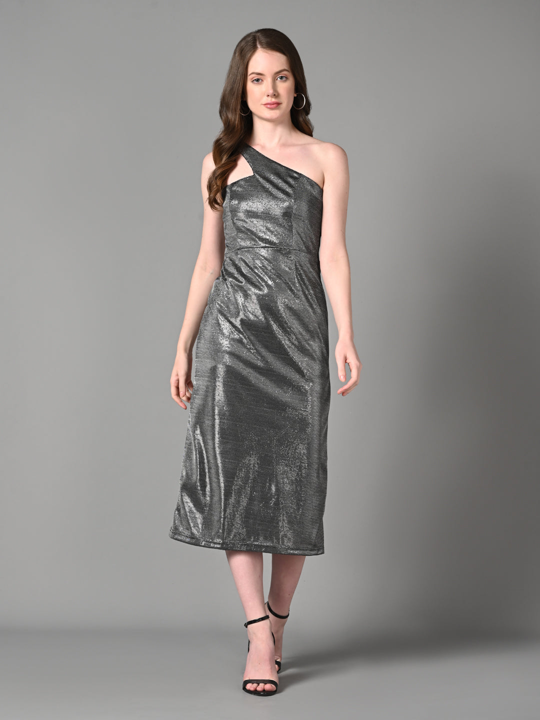 Embellished Silver Fitted A - Line Party Dress