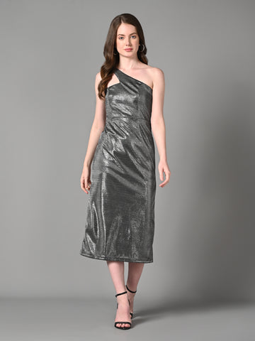 Embellished Silver Fitted A - Line Party Dress