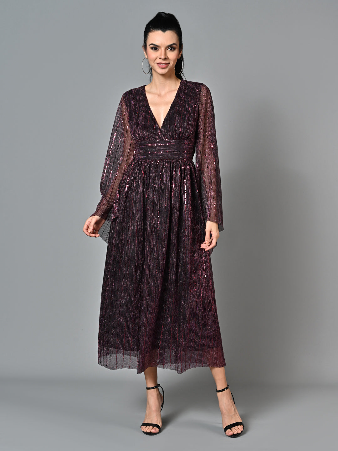 Embellished Pleated Purple Flared Dress