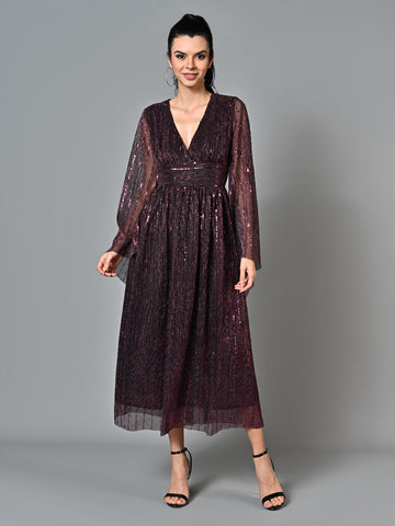 Embellished Pleated Purple Flared Dress
