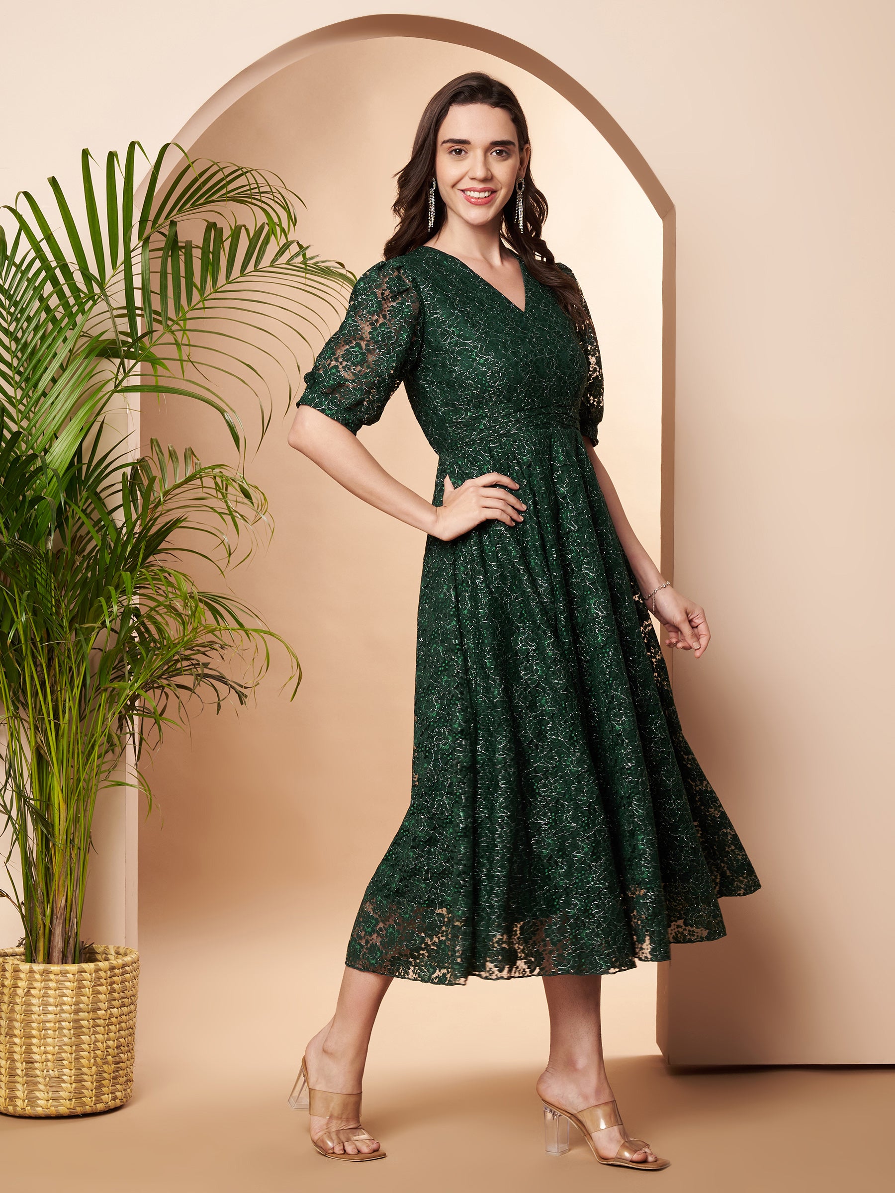 V-neck Fit & Flair Lace Dress