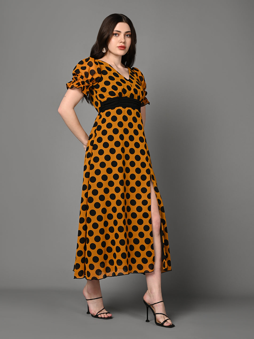 Stylish Yellow & Black Patterned Flared Dress