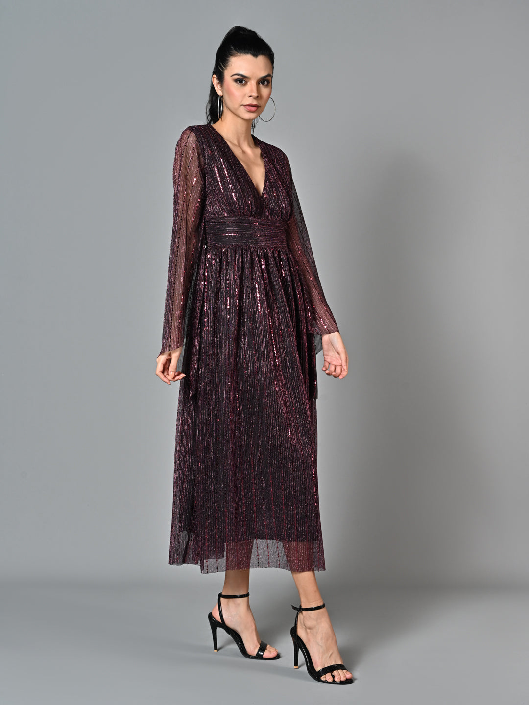 Embellished Pleated Purple Flared Dress