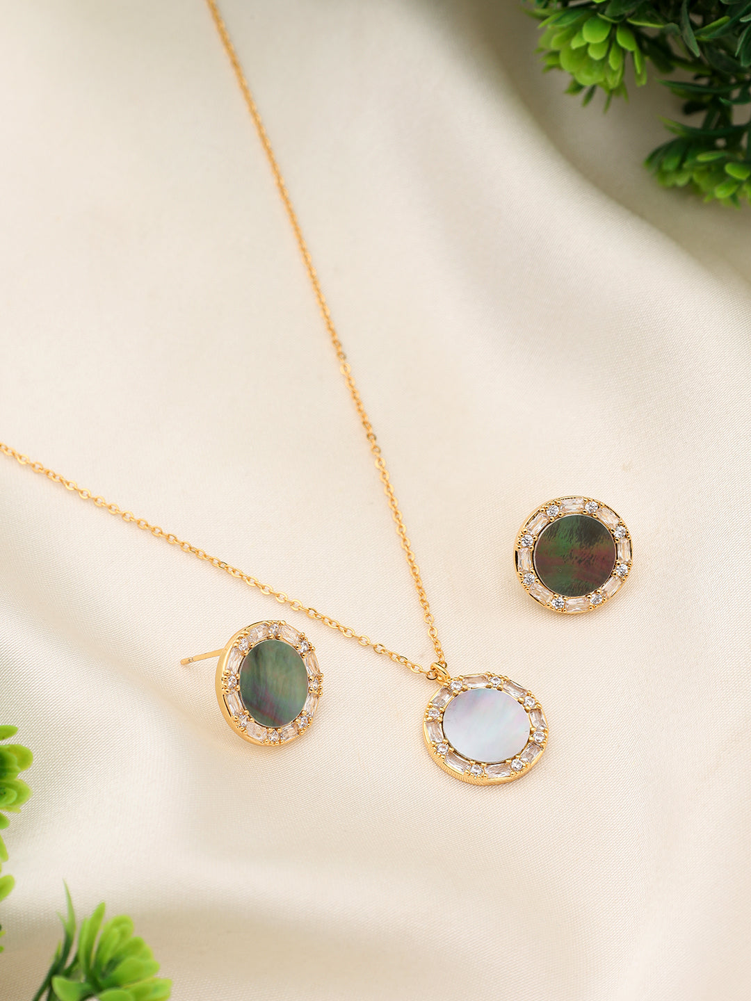 Women Green Opal Stone Gold Plated Necklace With Earrings