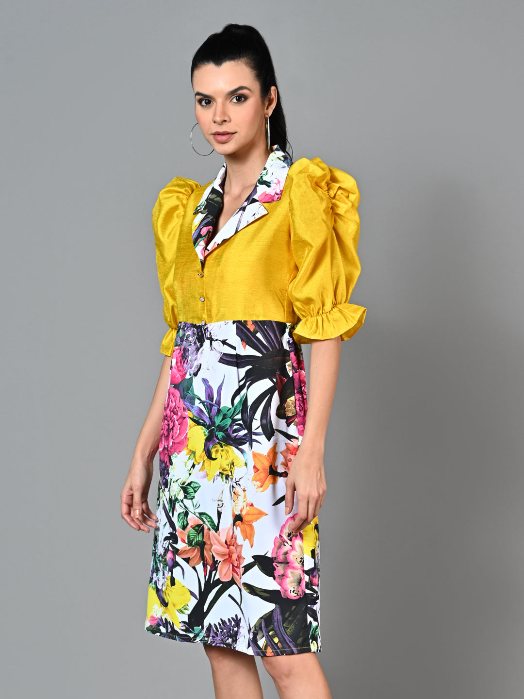 Fancy Yellow Floral Printed Flared Dress