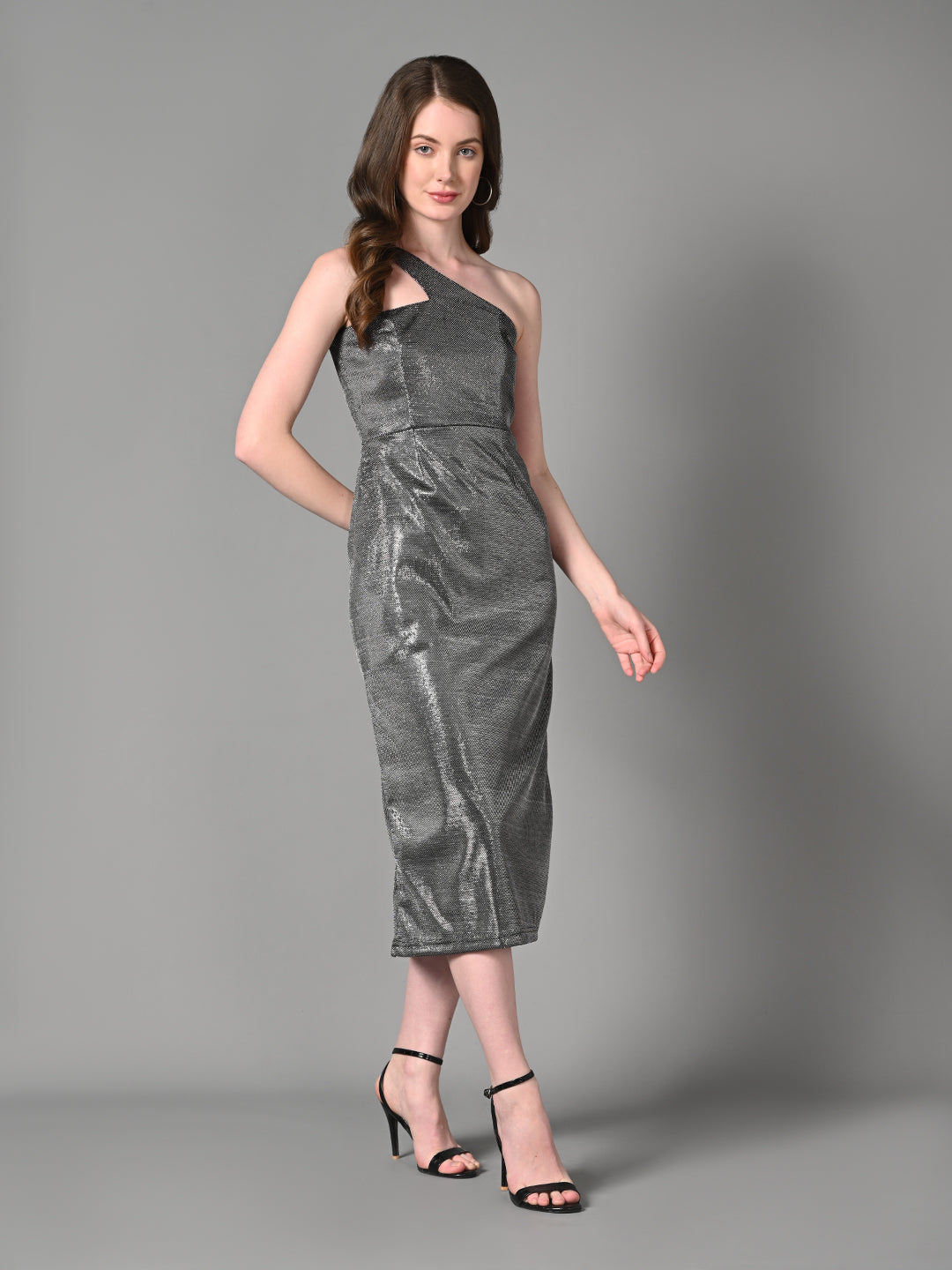 Embellished Silver Fitted A - Line Party Dress
