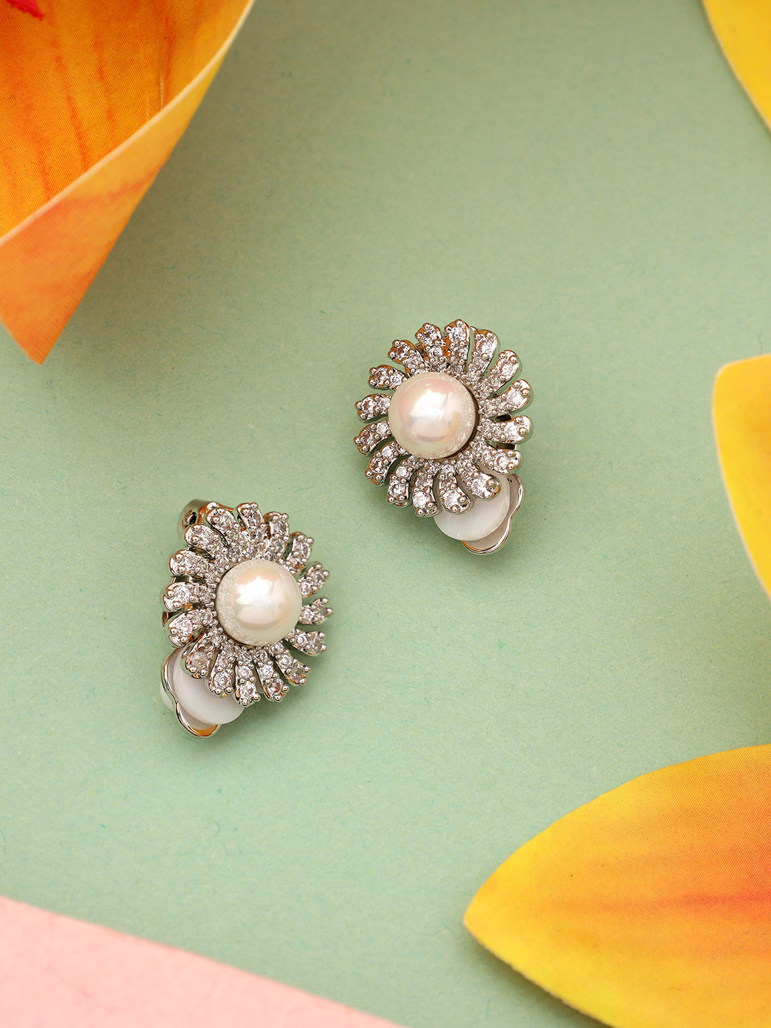 Round Pearl Platinum Plated Stud Earrings