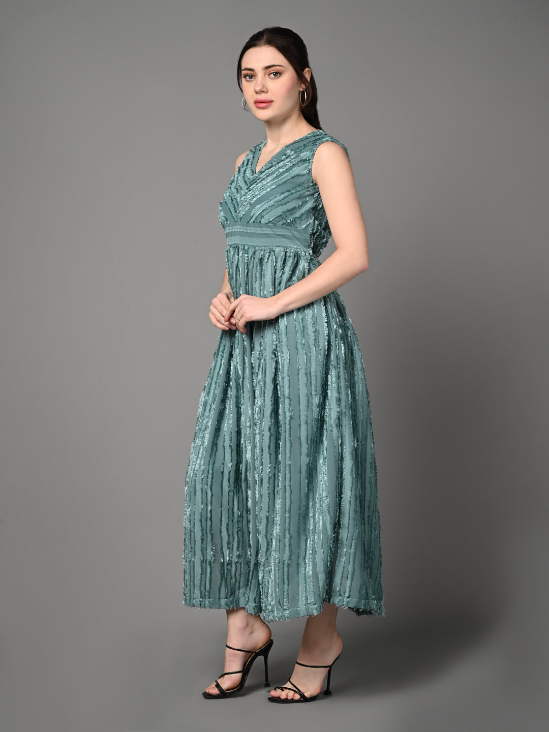 Embellished Blue Flared Midi Dress
