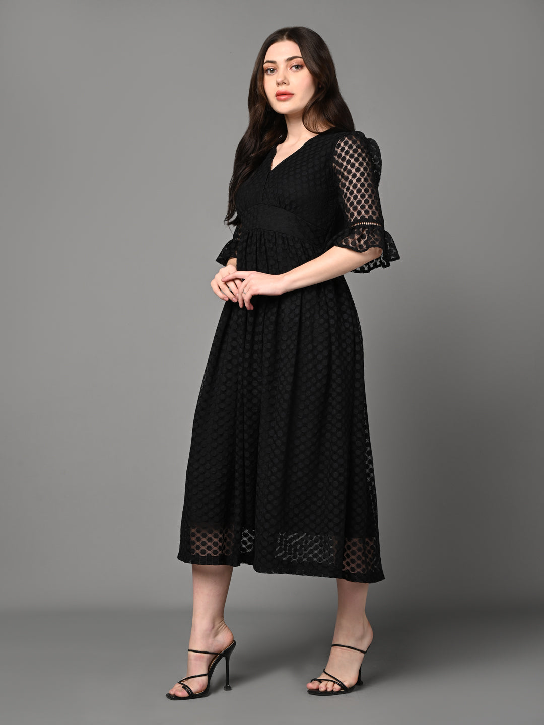 Stylish Black Textured Flared Dress