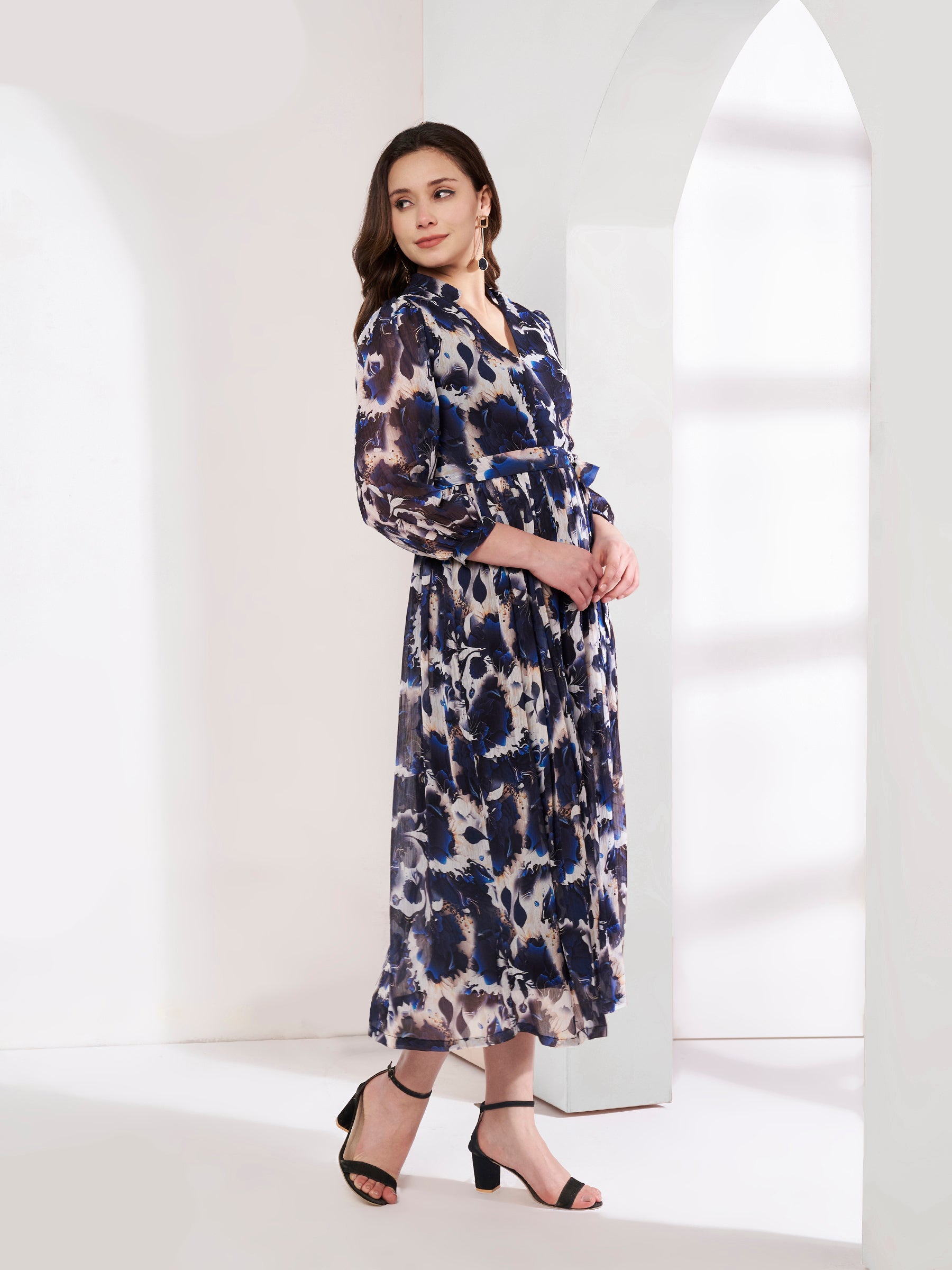 Printed Black and White Flared Dress