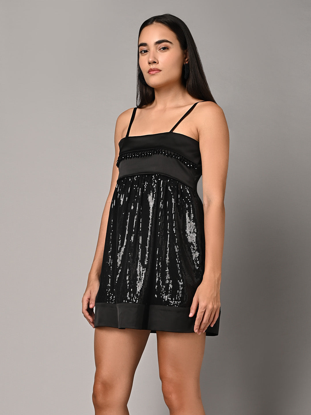 Embellished Black Ruffled Party Dress