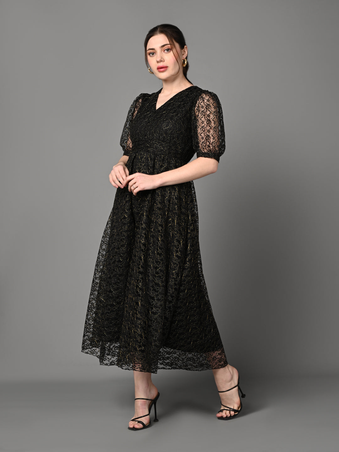 Stylish Black Textured Pleated Midi Dress
