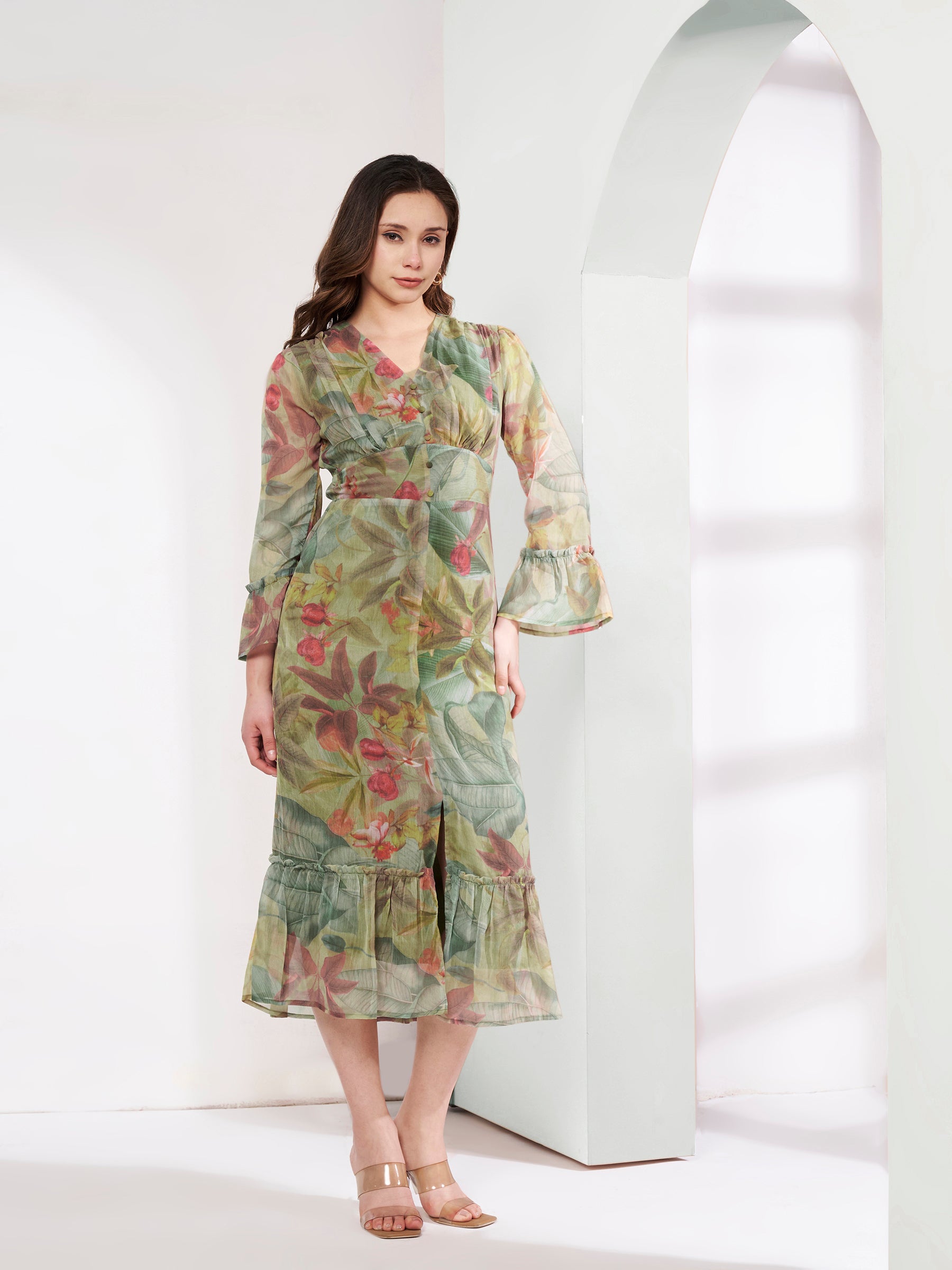 Stylish Green Ruched Flared Dress