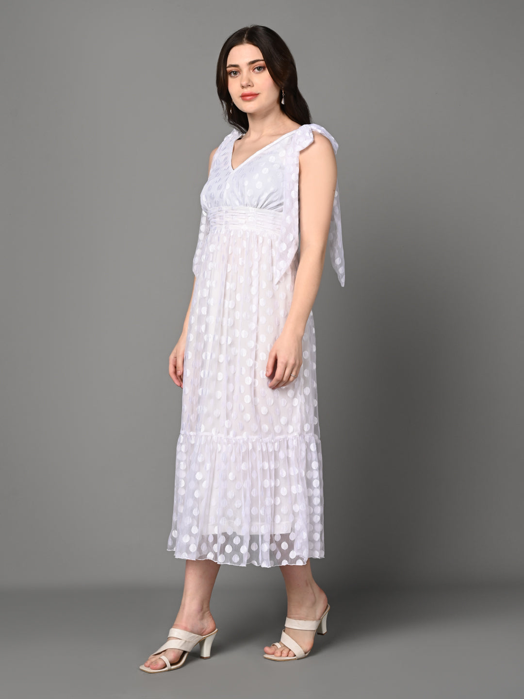 Classy White Ruched Flared Midi Dress