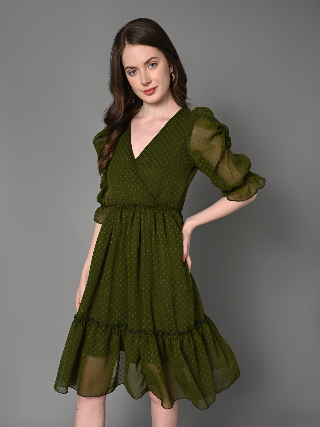 Classy Green Ruffled Pleated Dress