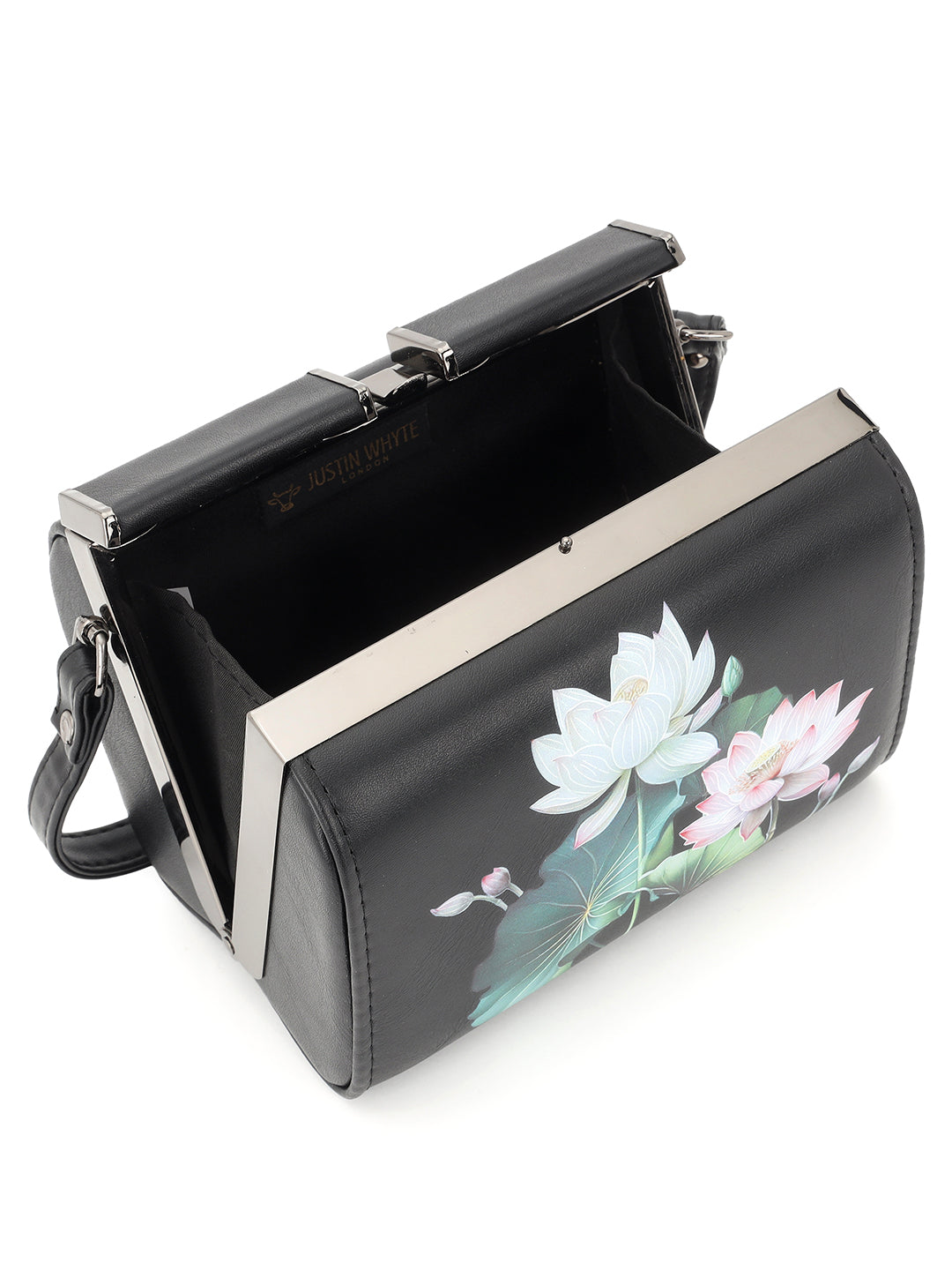 Floral Printed Leather Black Handbag