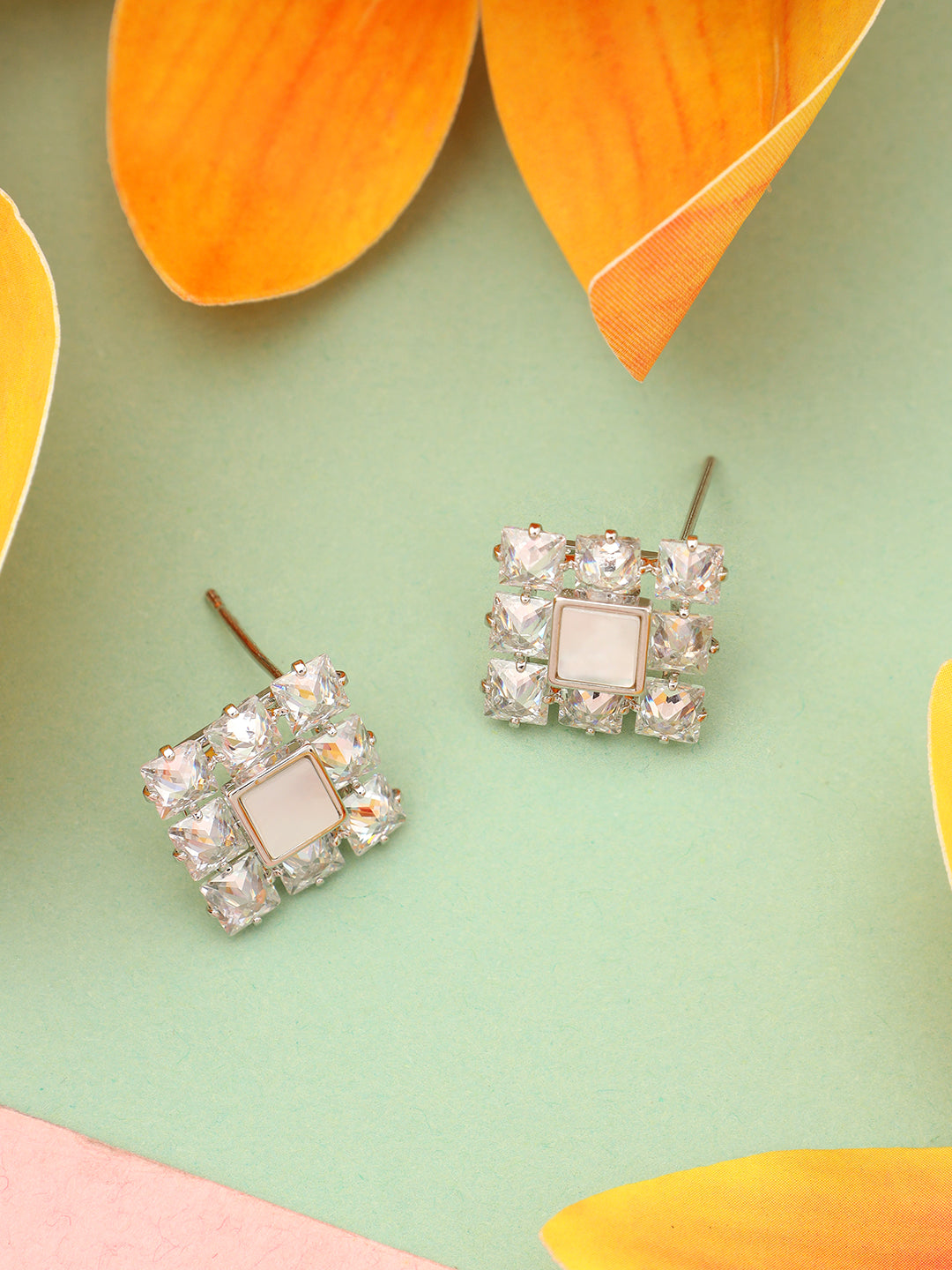 Women Square White Stone Platinum Plated Earrings