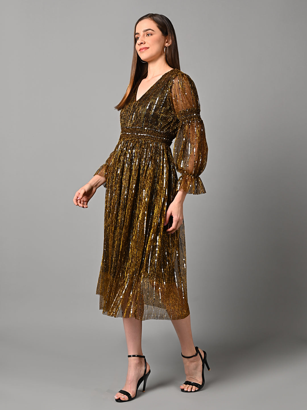 Embellished Pleated Flared Midi Dress