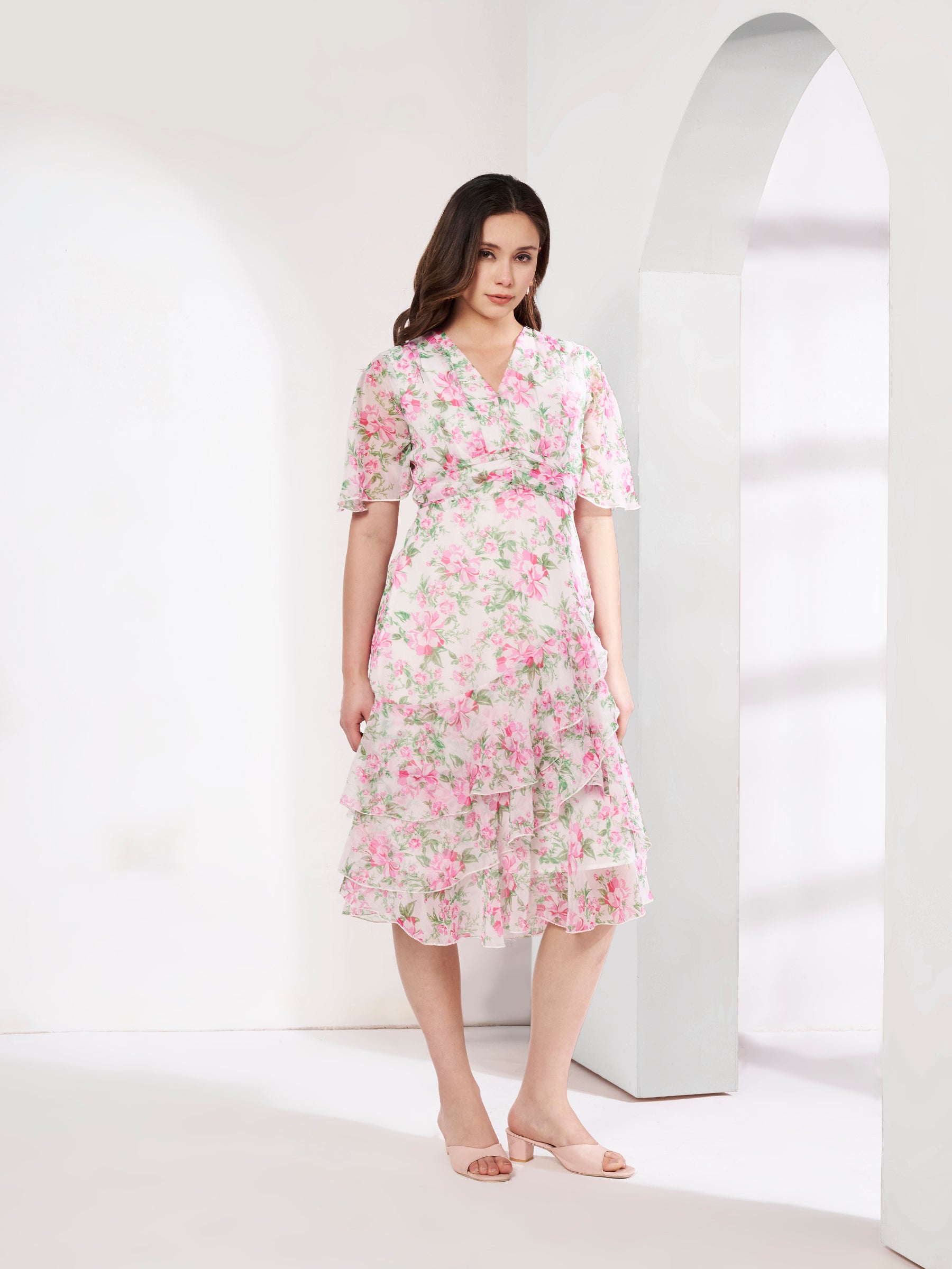 Stylish Pink Floral Layered Dress