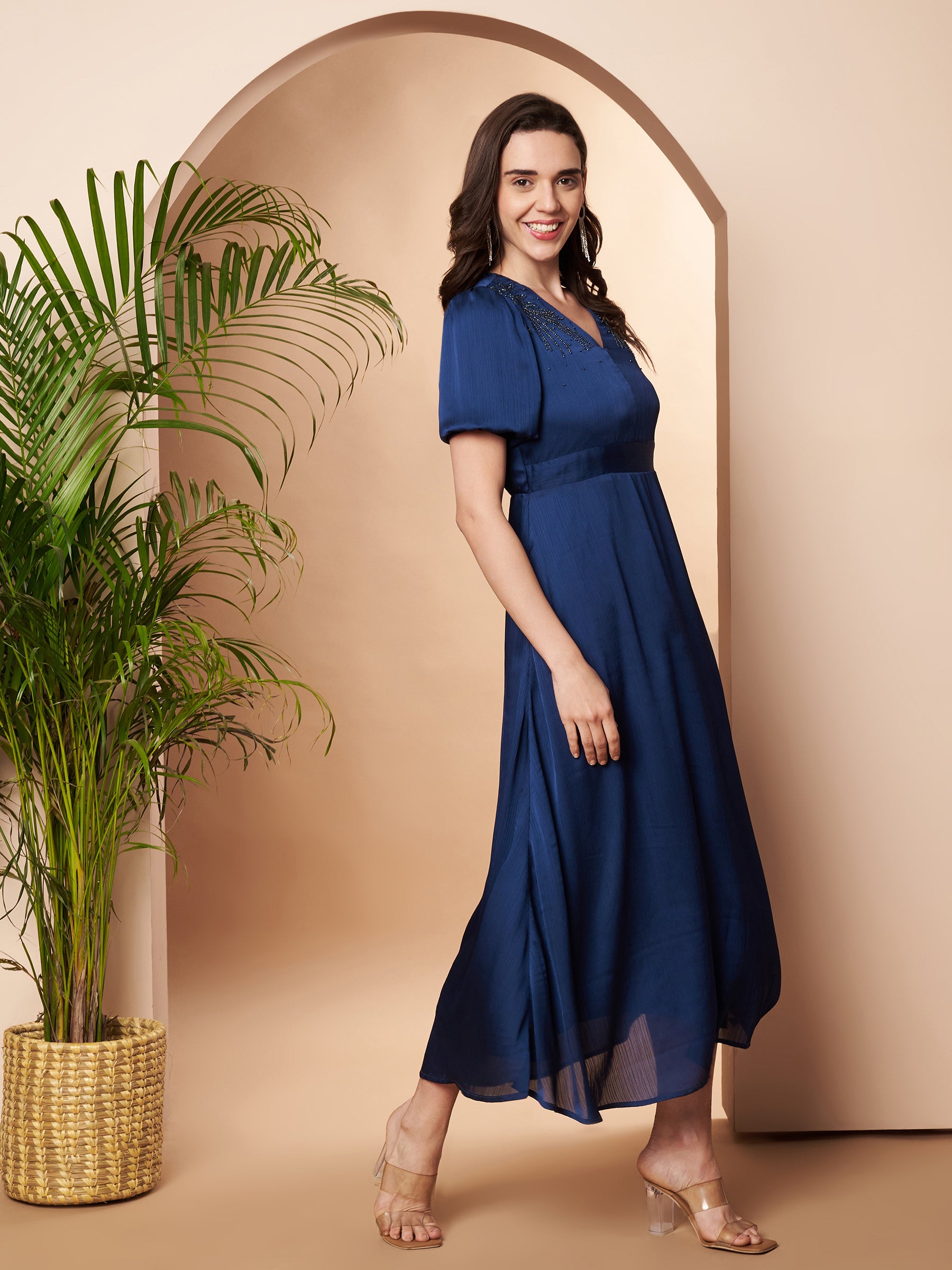 Embellished Blue Pleated Dress