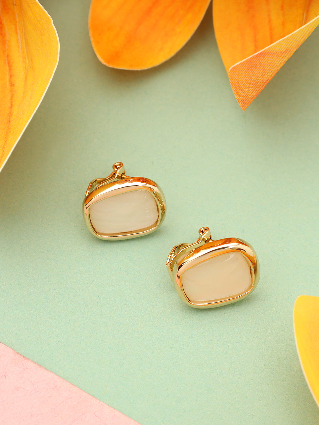 Oval White Stone Gold Plated Earrings