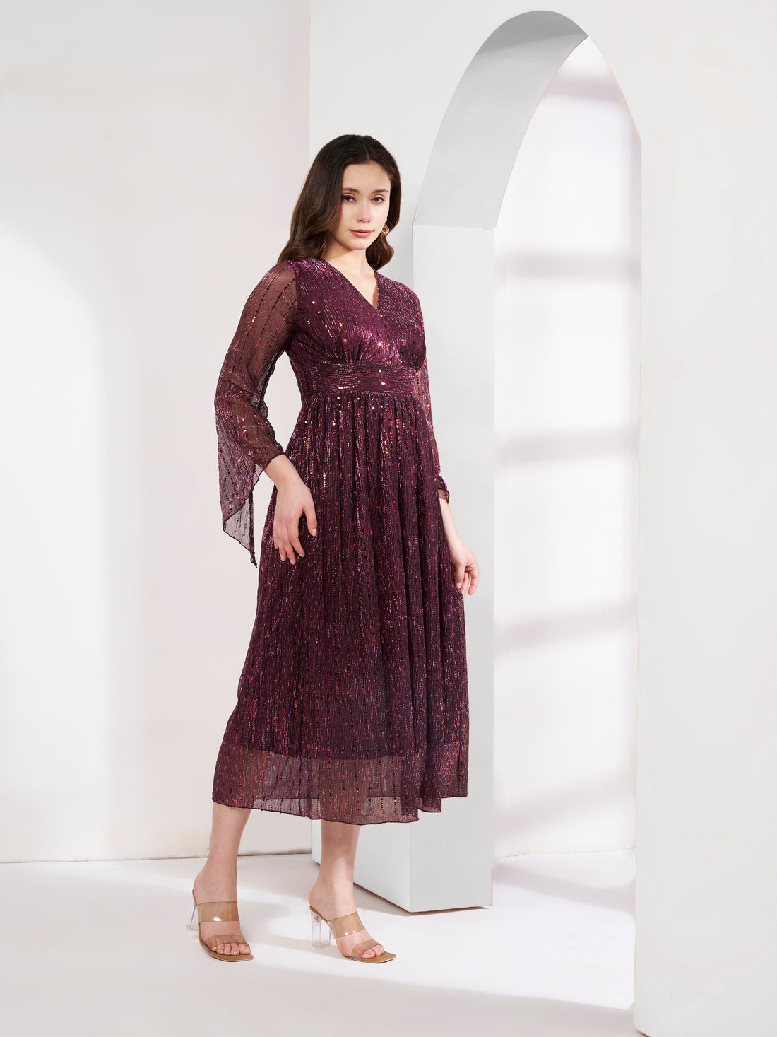 Embellished Pleated Purple Flared Dress