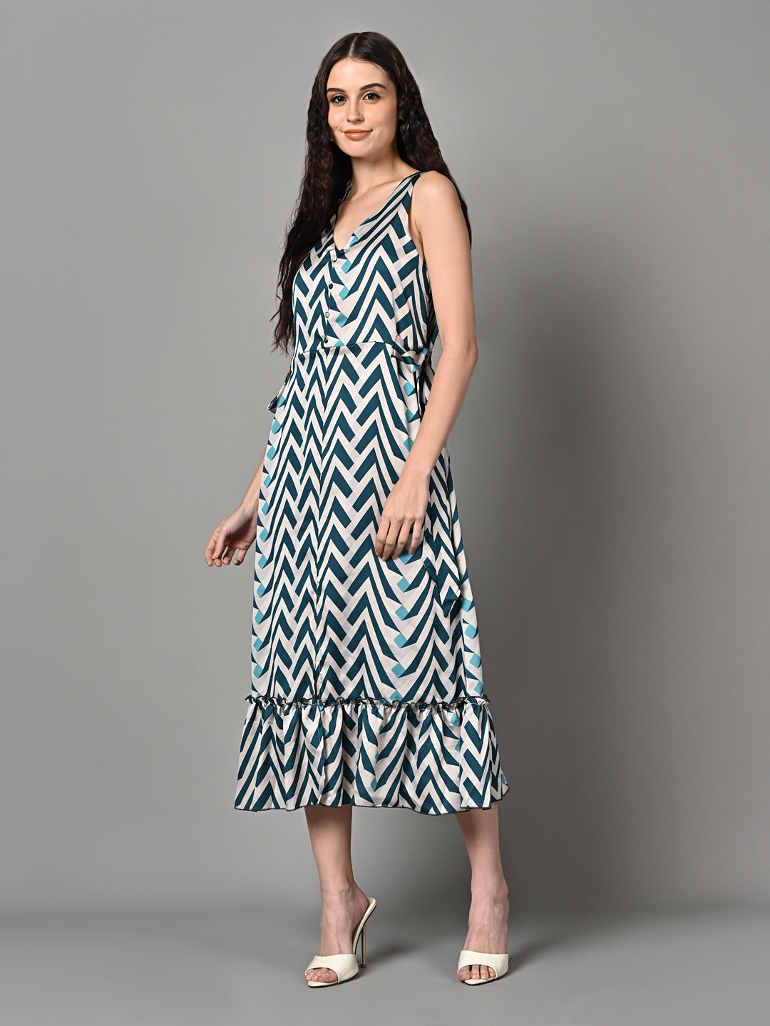 Fancy Blue & White Printed Ruffled Midi Dress