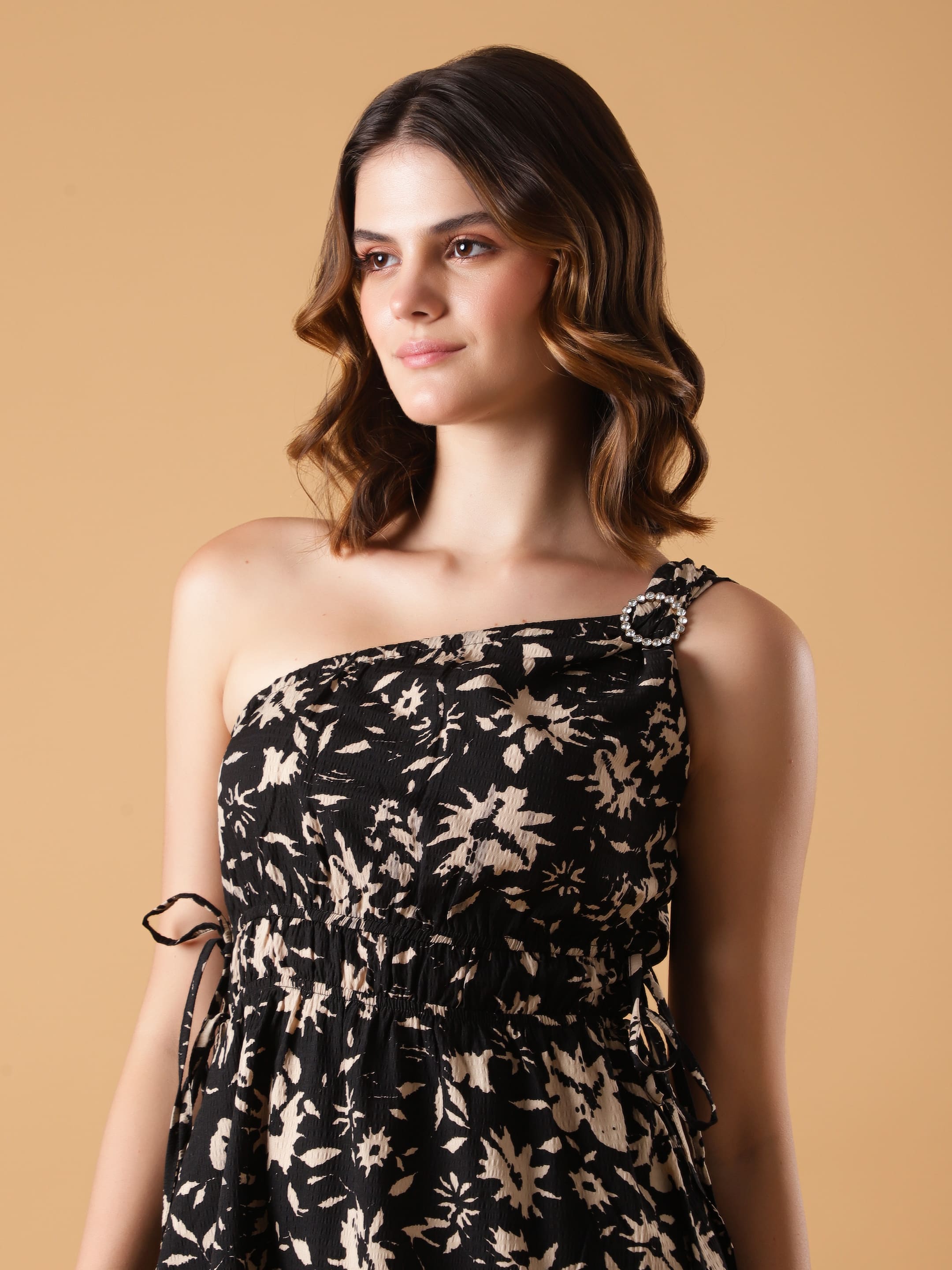 Black Floral One Shoulder Mini Dress