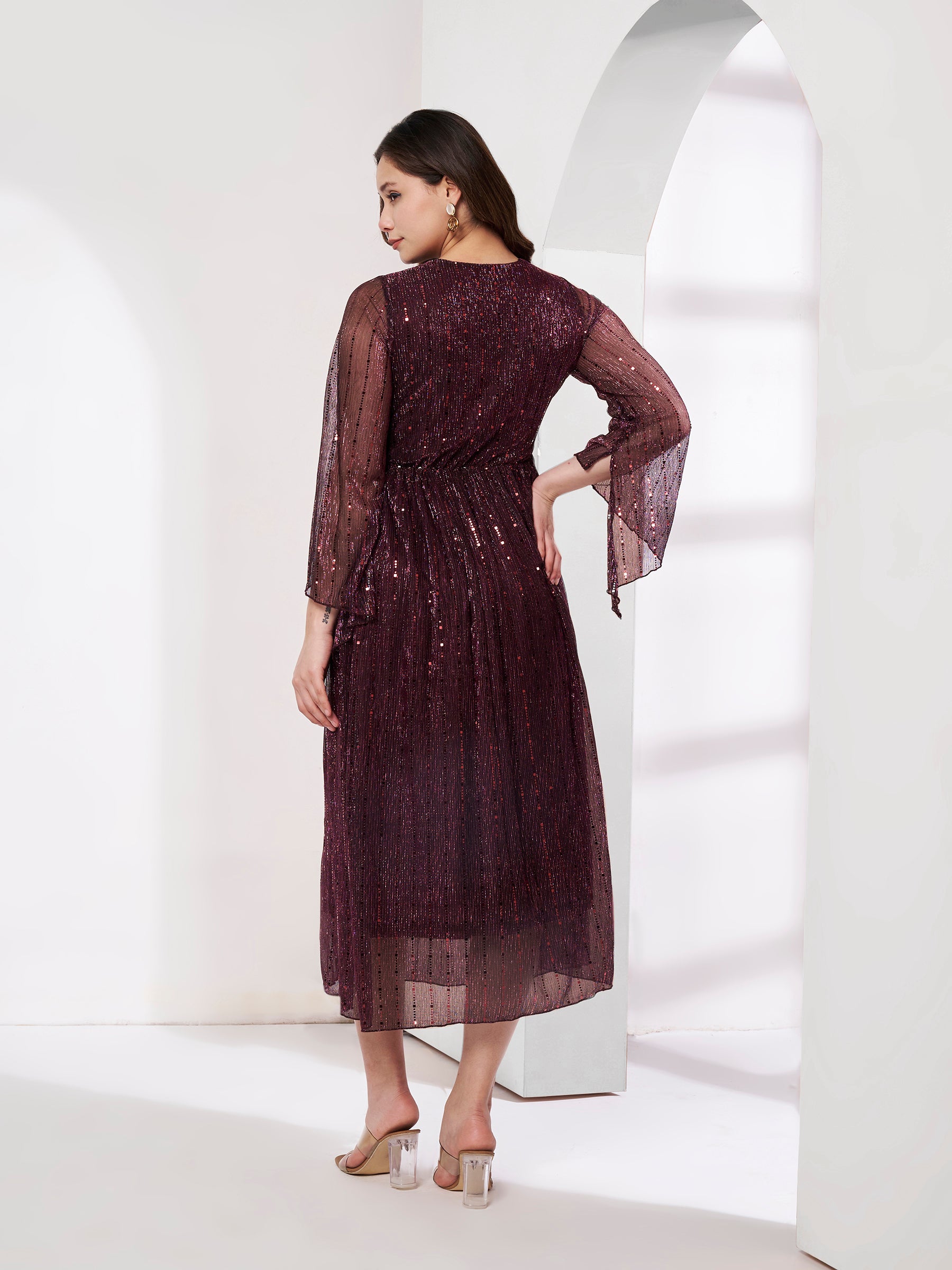 Embellished Pleated Purple Flared Dress