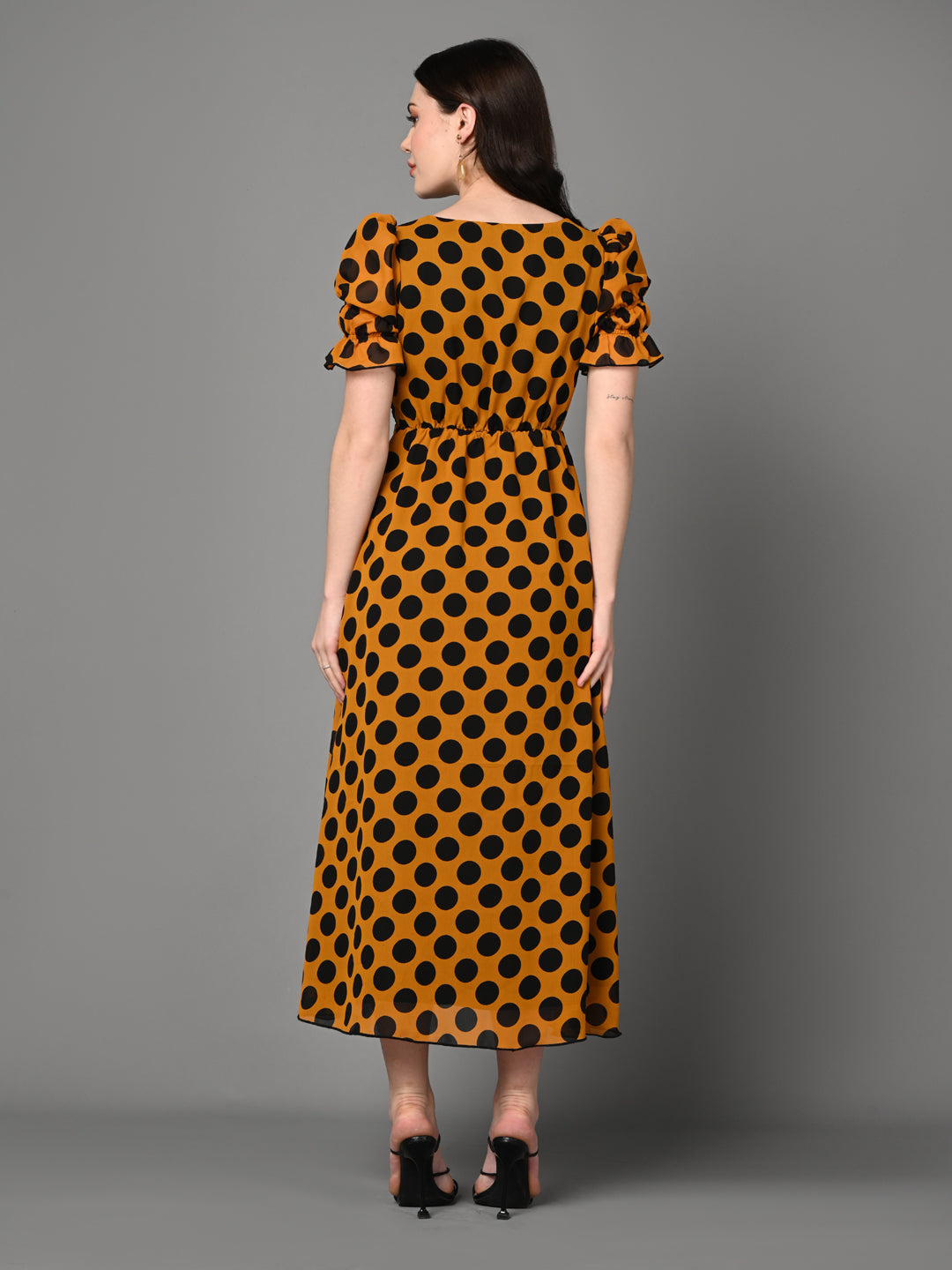 Stylish Yellow & Black Patterned Flared Dress